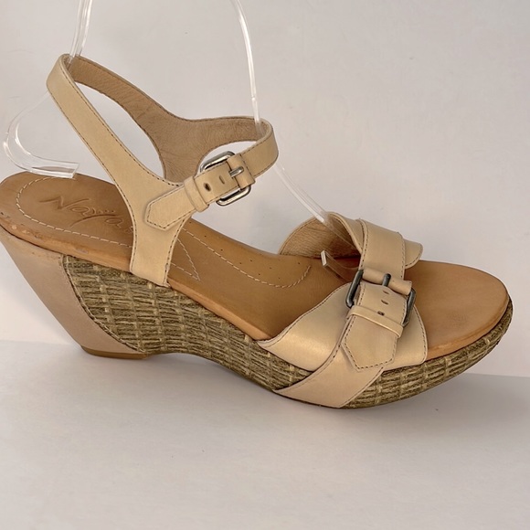 NAYA MCLOUD Leather Platform Wedge Rattan strappy heels‎ beige ladies size 11 M - Picture 1 of 17